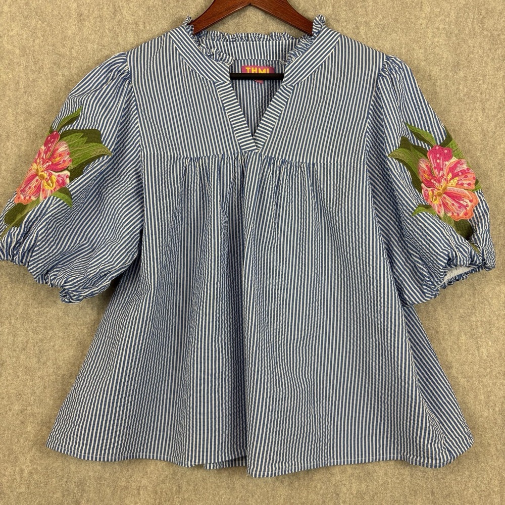 THML Women XL Blue White Stripe Floral Embroidered Puff Sleeve Babydoll Top Read